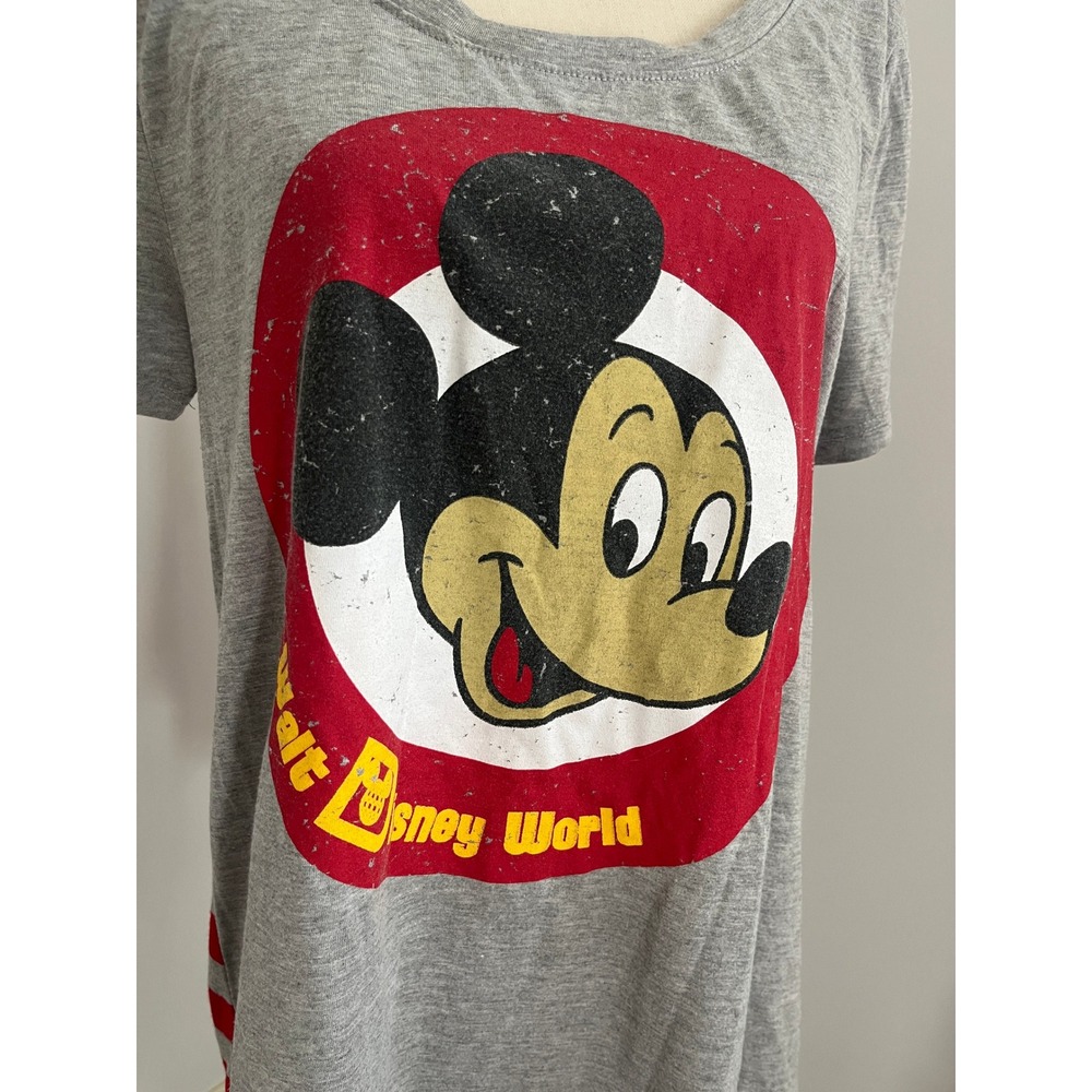 Disney Mickey Mouse Tee Large Walt Disney Gray Red Striped Graphic Shirt Retro - Picture 3 of 6